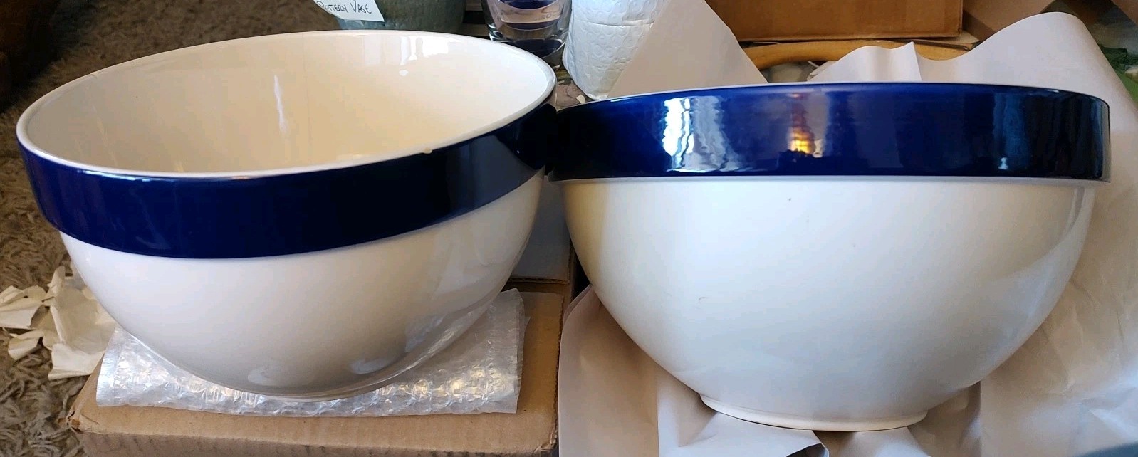Pair of BIA Cordon Bleu Stoneware Serving/Mixing Bowls White & Blue - Portugal