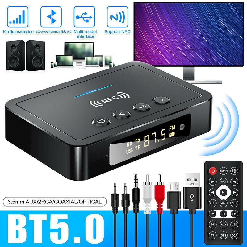 Bluetooth 5.0 Transmitter Receiver Wireless 3.5mm Adapter W/Remote AUX NFC