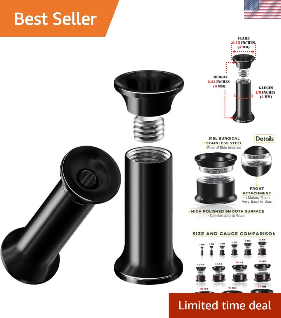 Internally Threaded Surgical Steel Black Double Flared Tunnel Piercing Jewelr...