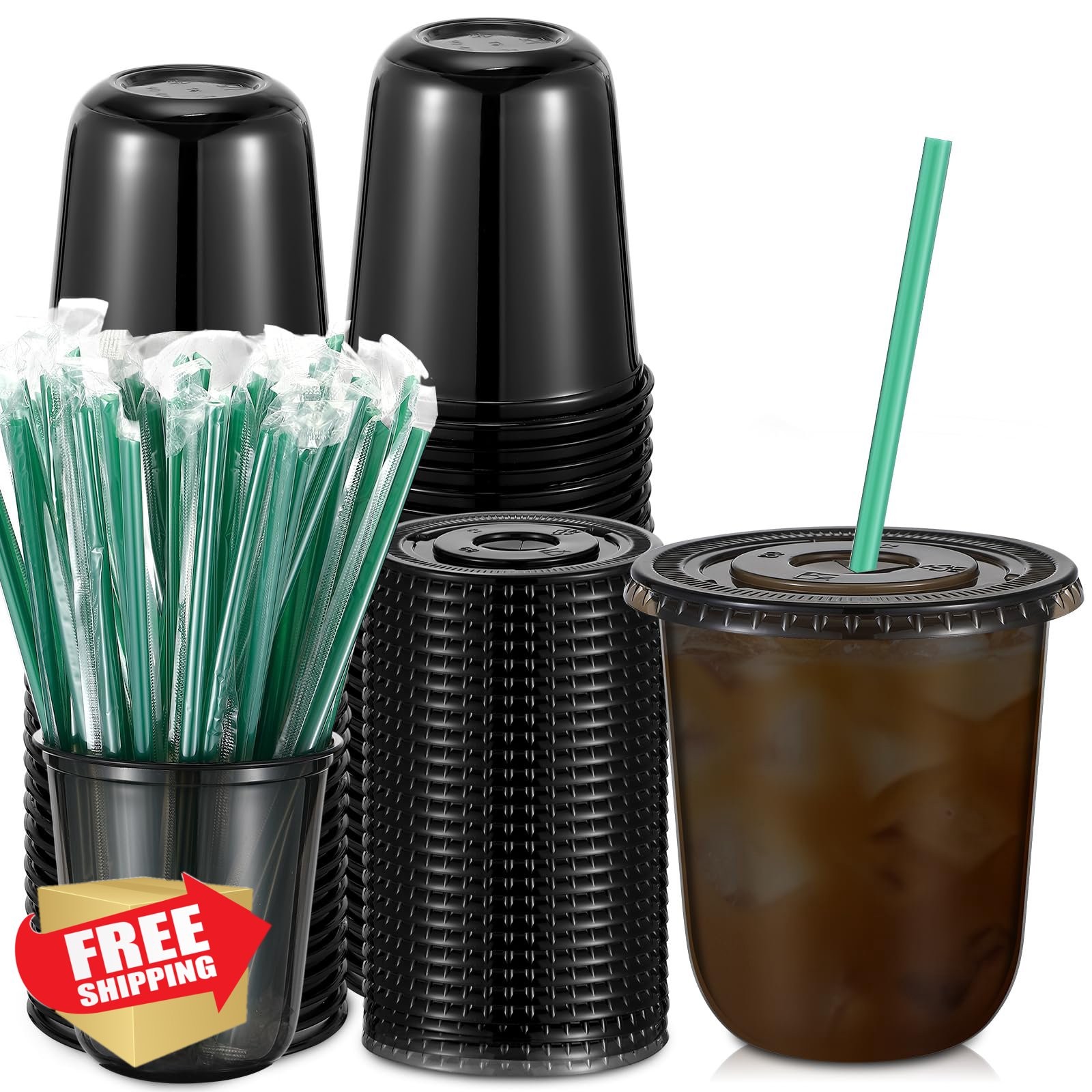 Baderke 25 14oz Plastic Cups, Lids Straws Black Iced Coffee