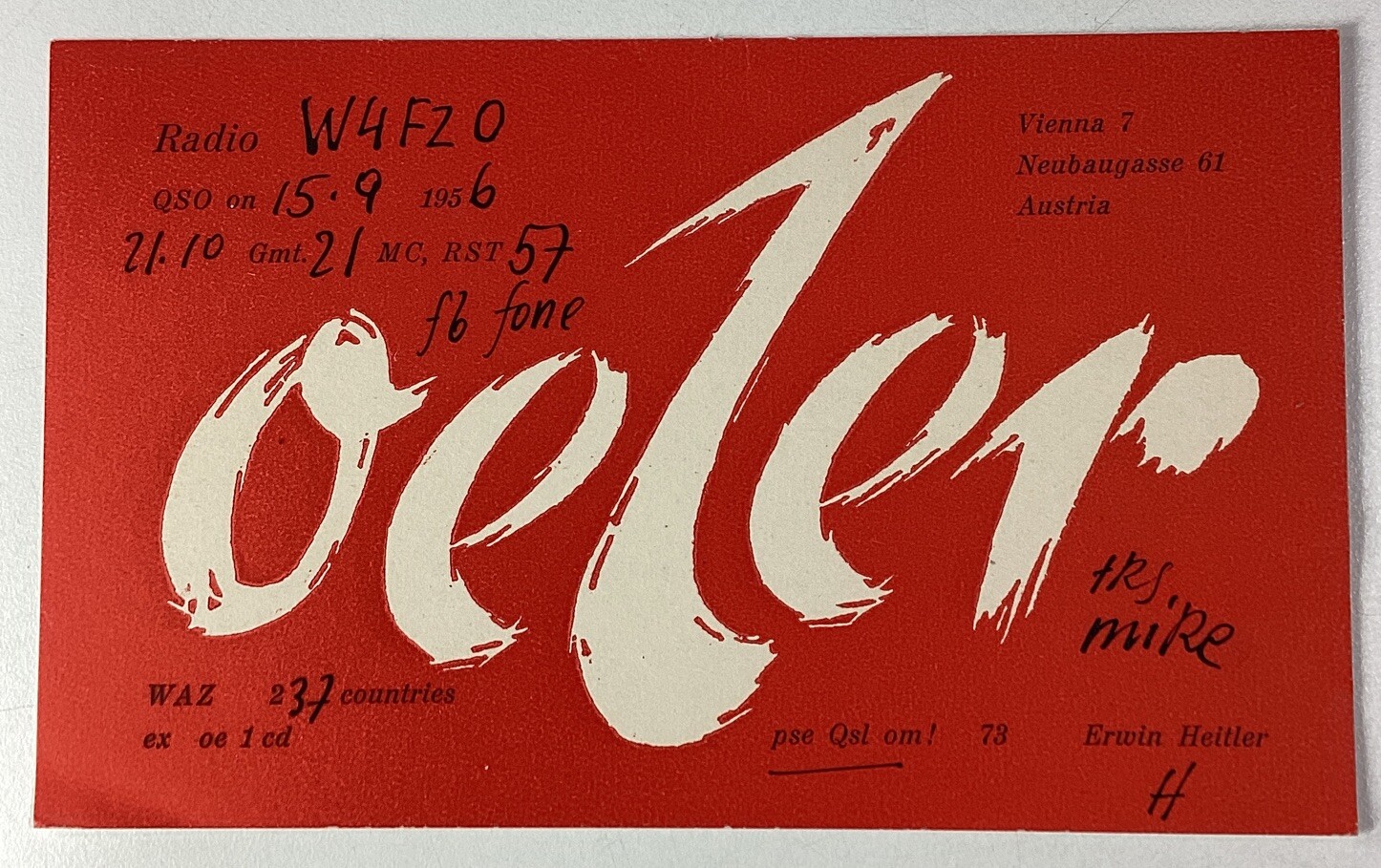 Austria 1956 QSL Card Erwin Heitler Vienna Neubaugasse
