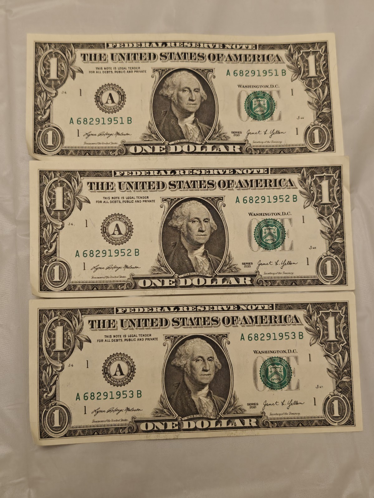 2021 US $1 Federal Reserve Notes Consecutive Serial Numbers Uncirculated