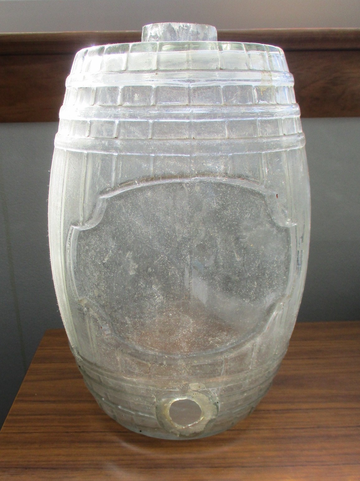 9.5" Tall ANTIQUE ORIGINAL Unmarked GLASS Liquid BARREL DISPENSER