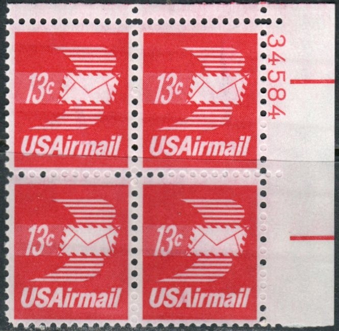 US Scott #C79 Plate block of 4, 13 cent Air Mail, MNH