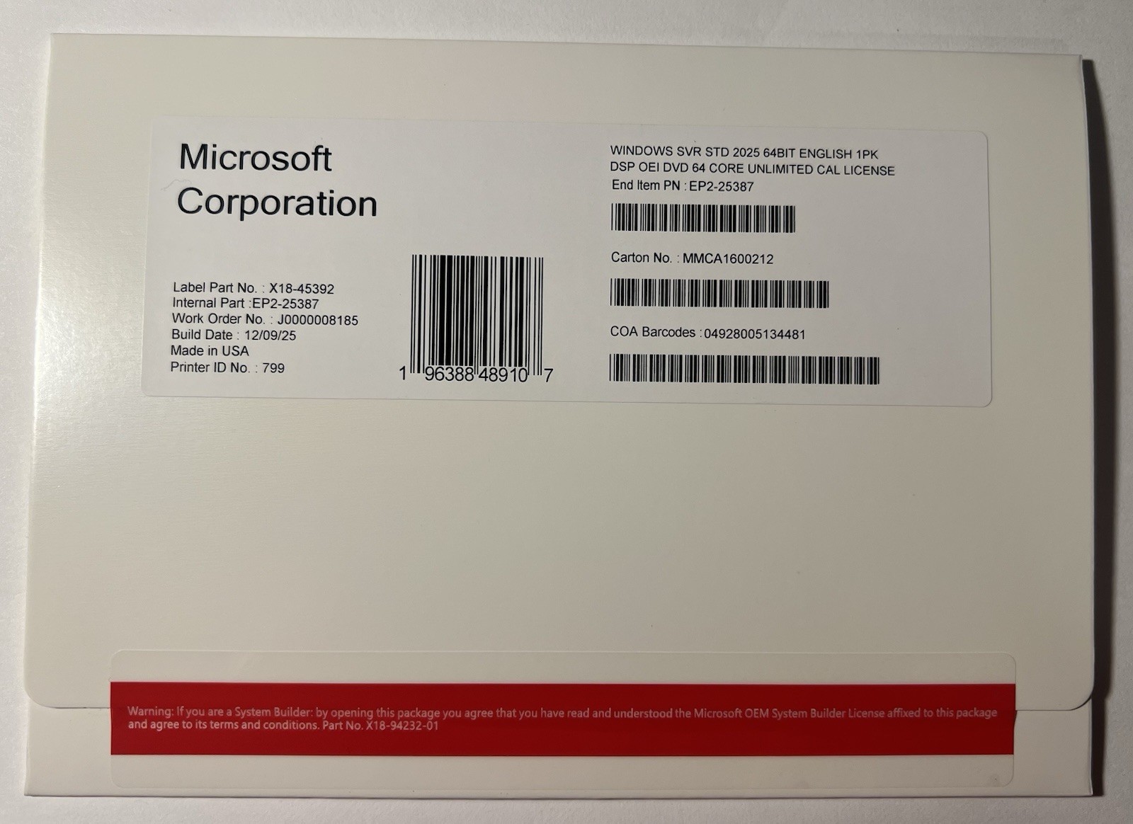 Microsoft Windows Server 2025 Standard - 64 Core Unlimited CAL License (NEW)