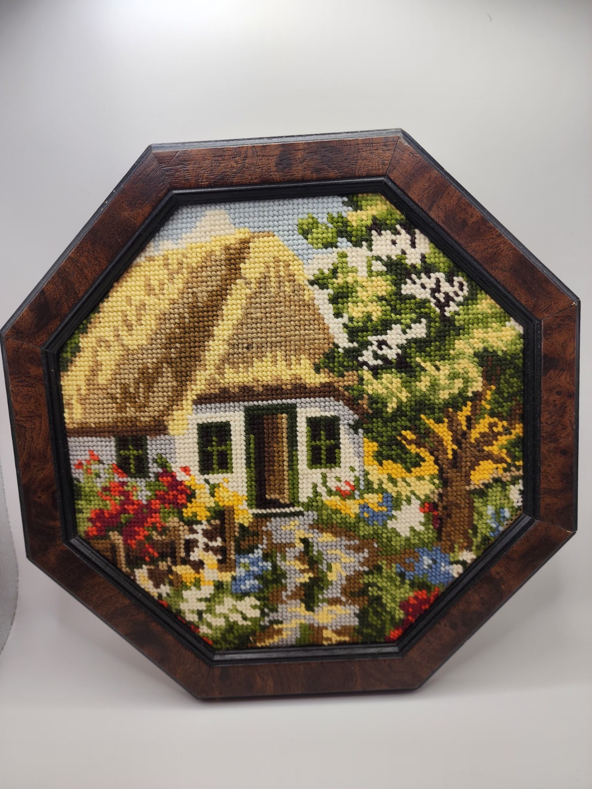 Vintage Framed Needlepoint Cottage and Garden Embroidery  Handmade Wall Art