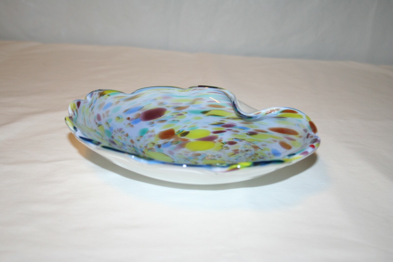 White Cased Glass Bowl with Multicolored Swirl Design Murano Style 