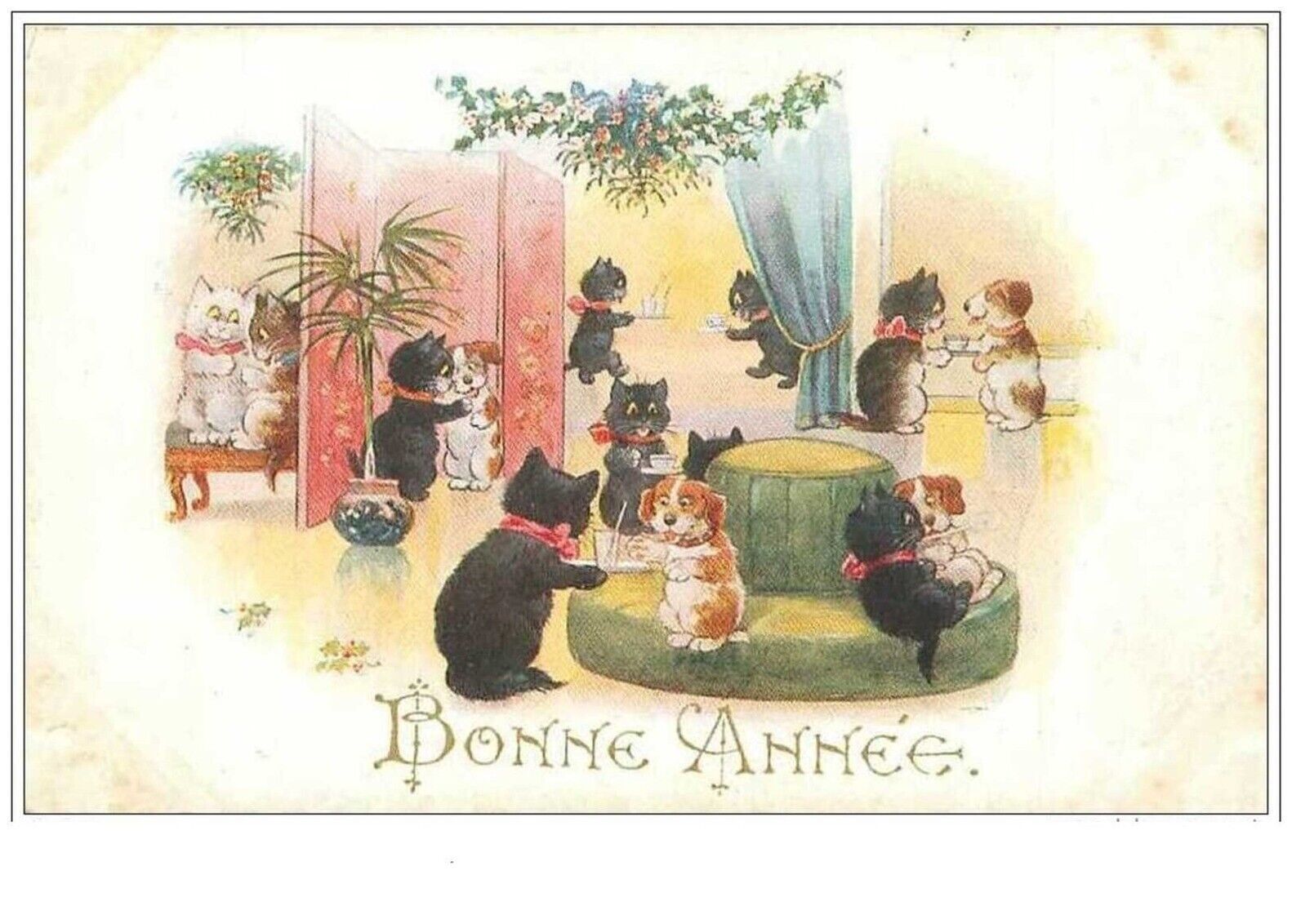 Cats No. 447. Barnes. Happy New Year. Black Cats And Celebrating Dogs