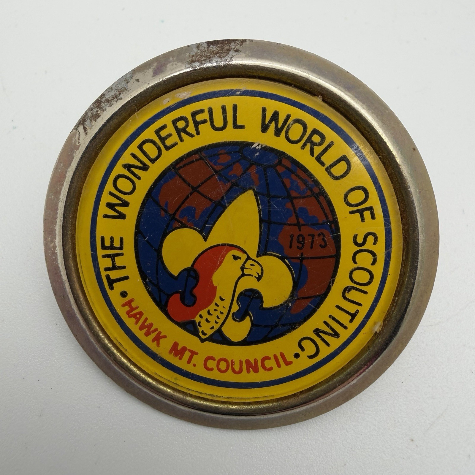 BSA Hawk Mt Council Wonderful World of Scouting Metal Neckerchief Slide SS-778