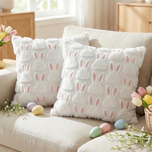Easter Pillow Covers 18x18 Inch Set of 2-Pink Ears White Rabbit Soft Plush 