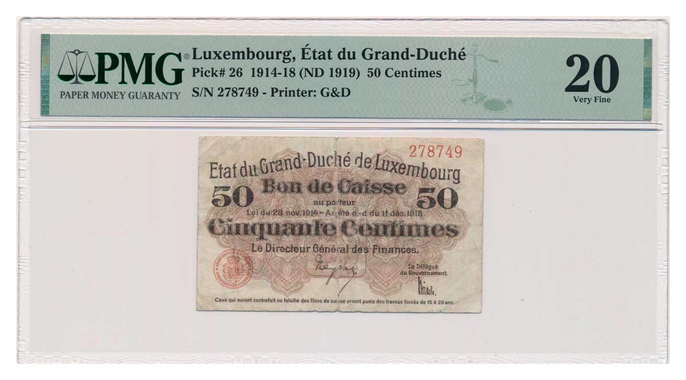 LUXEMBOURG banknote 50 Centimes 1918 PMG VF 20 Very Fine