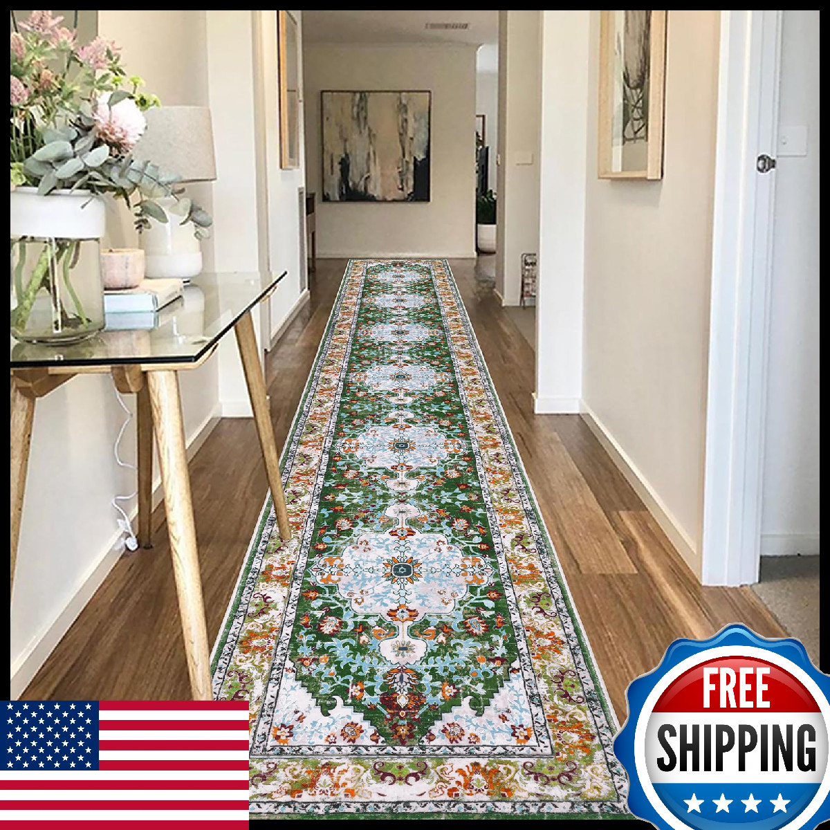 UArtlines 2x14 ft Boho Hallway Runner Rug Washable Non-Slip Vintage Farmhouse