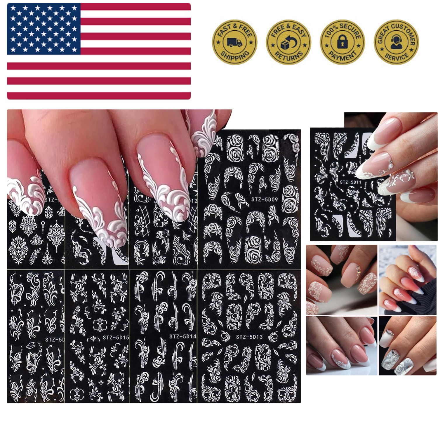 Flower Nail Art Stickers Decals, 8 Sheets 5D Engraved Flower Nail Decals Whit...