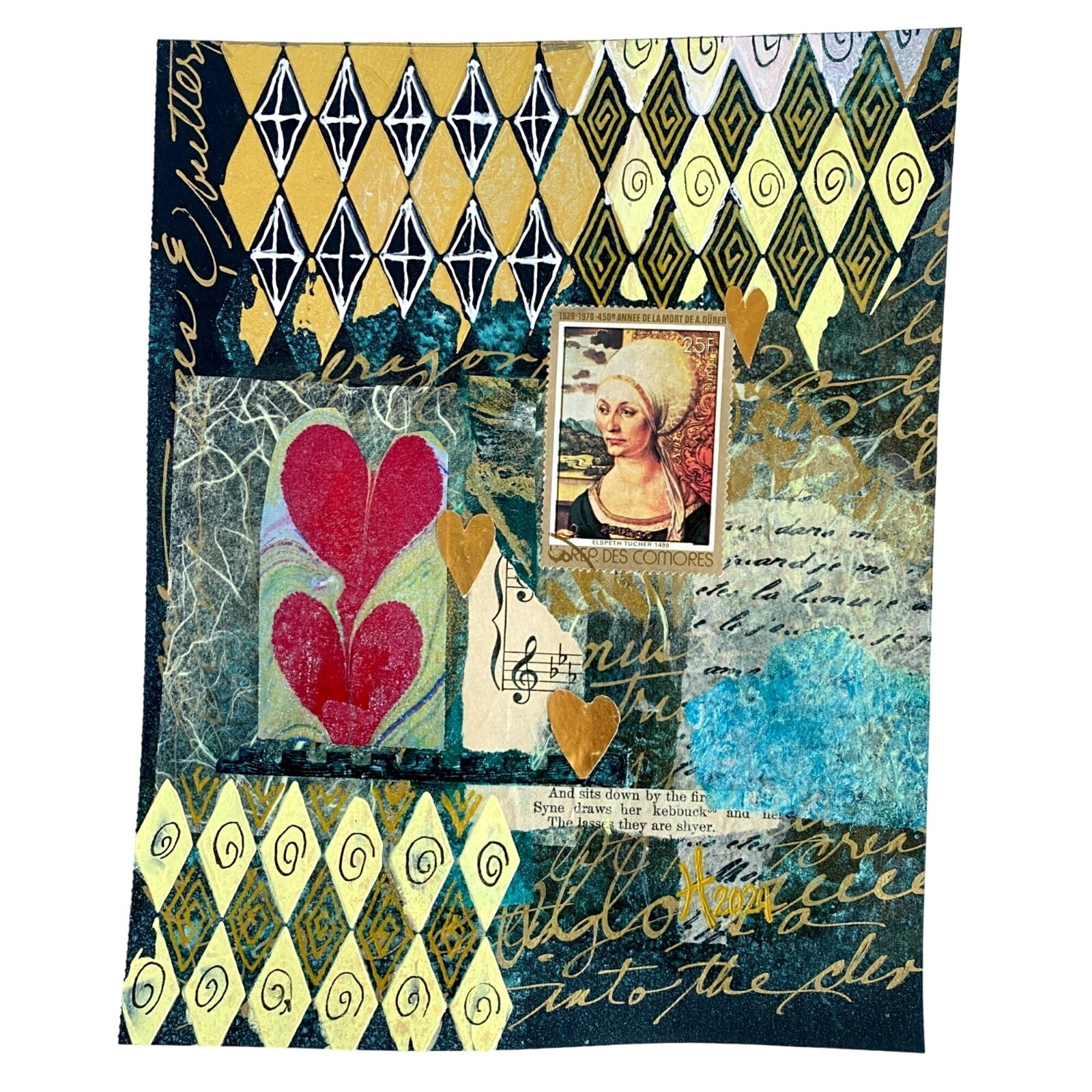 African Renaissance Original Art Painting Collage Mixed Media Matted 8x10in