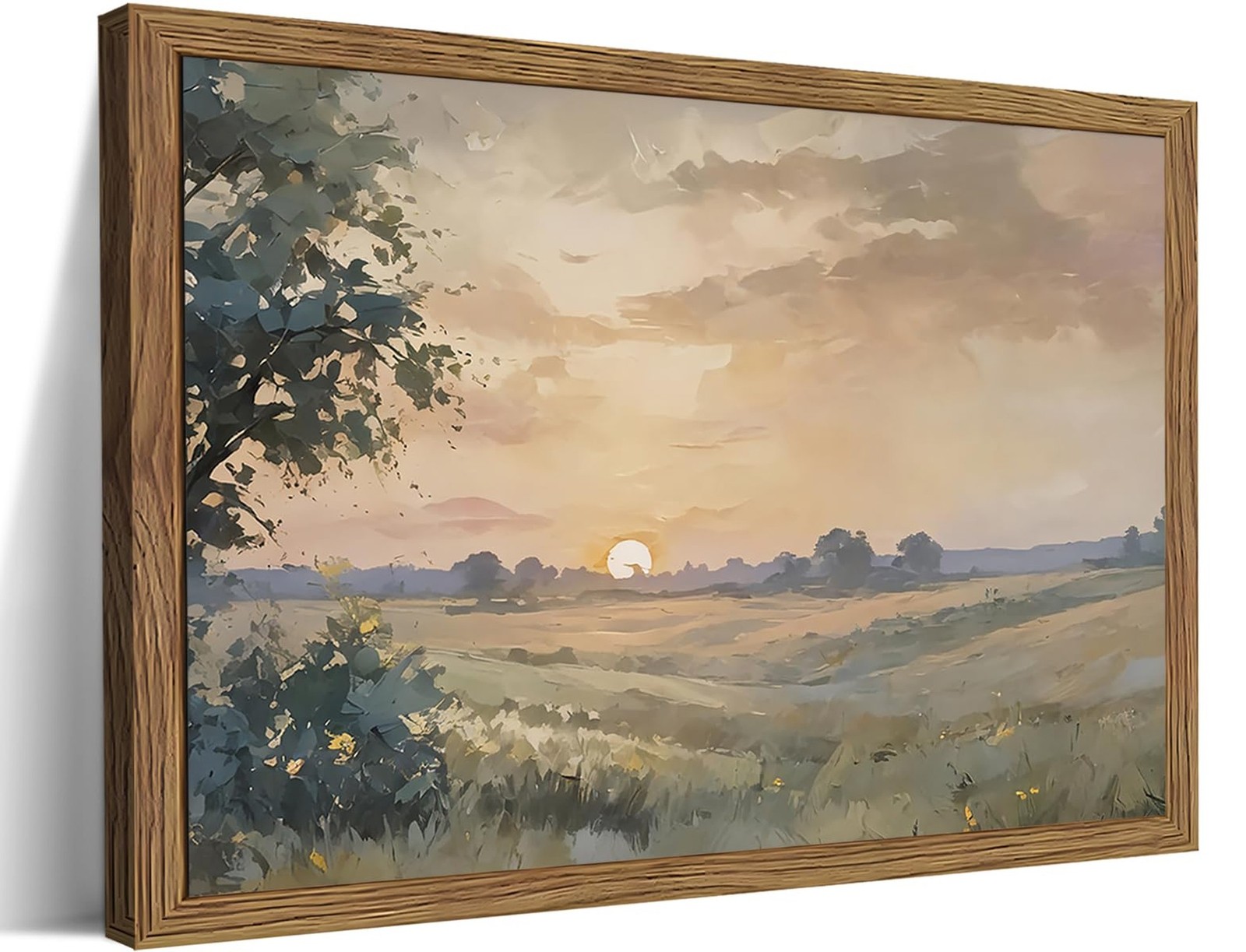 Wood Framed Vintage Wall Art, Fall Nature Sunset Landscape Canvas Wall Decor,...