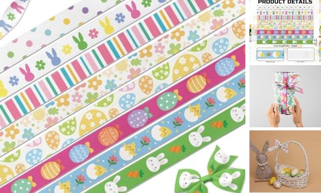Spring Grosgrain Ribbons, 8 Rolls 24 Yards 3/8" Ribbon Set with Bunnies Easter