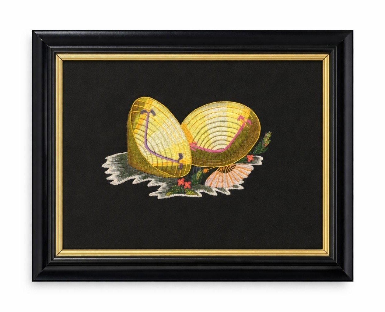 Embroidered Asian Art Yellow Straw Hats & Floral Accents Thread-work Framed