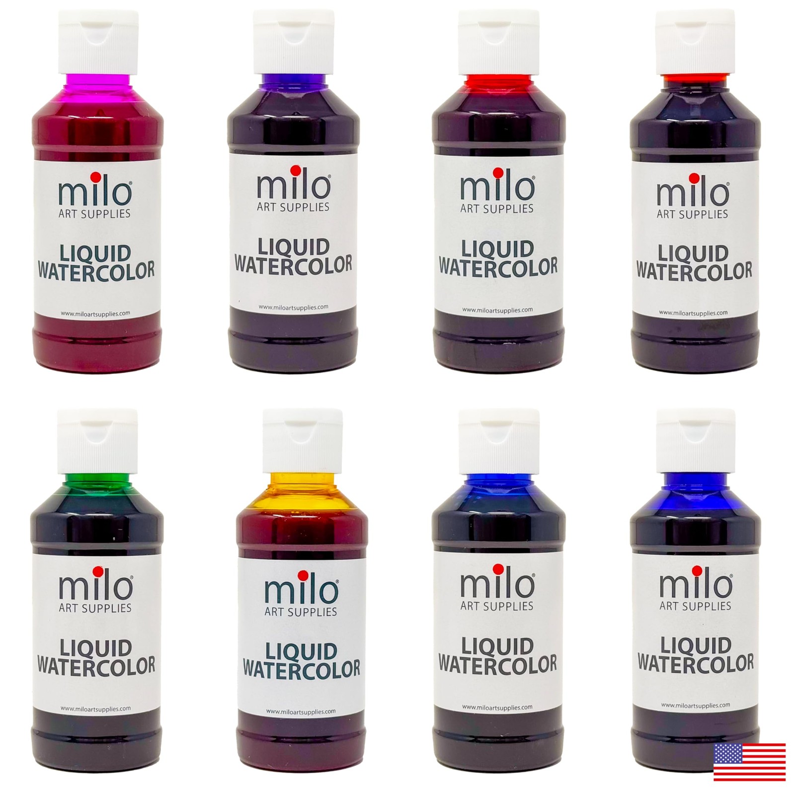 Milo Liquid Watercolor Paint Set: 8 Washable, Non-Toxic 4oz Bottles - Made in US