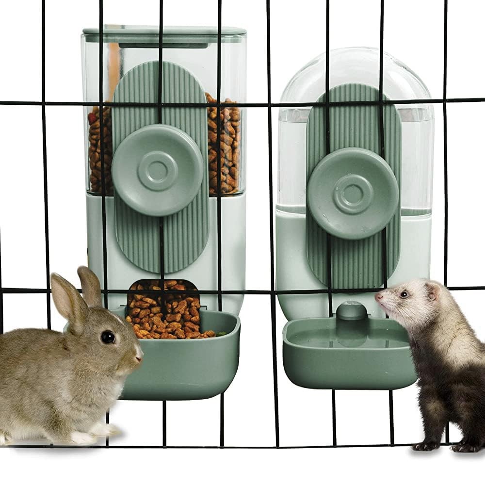 Hanging Automatic Food and Water Dispenser, Gravity Rabbit Feeder Set, Cage C...