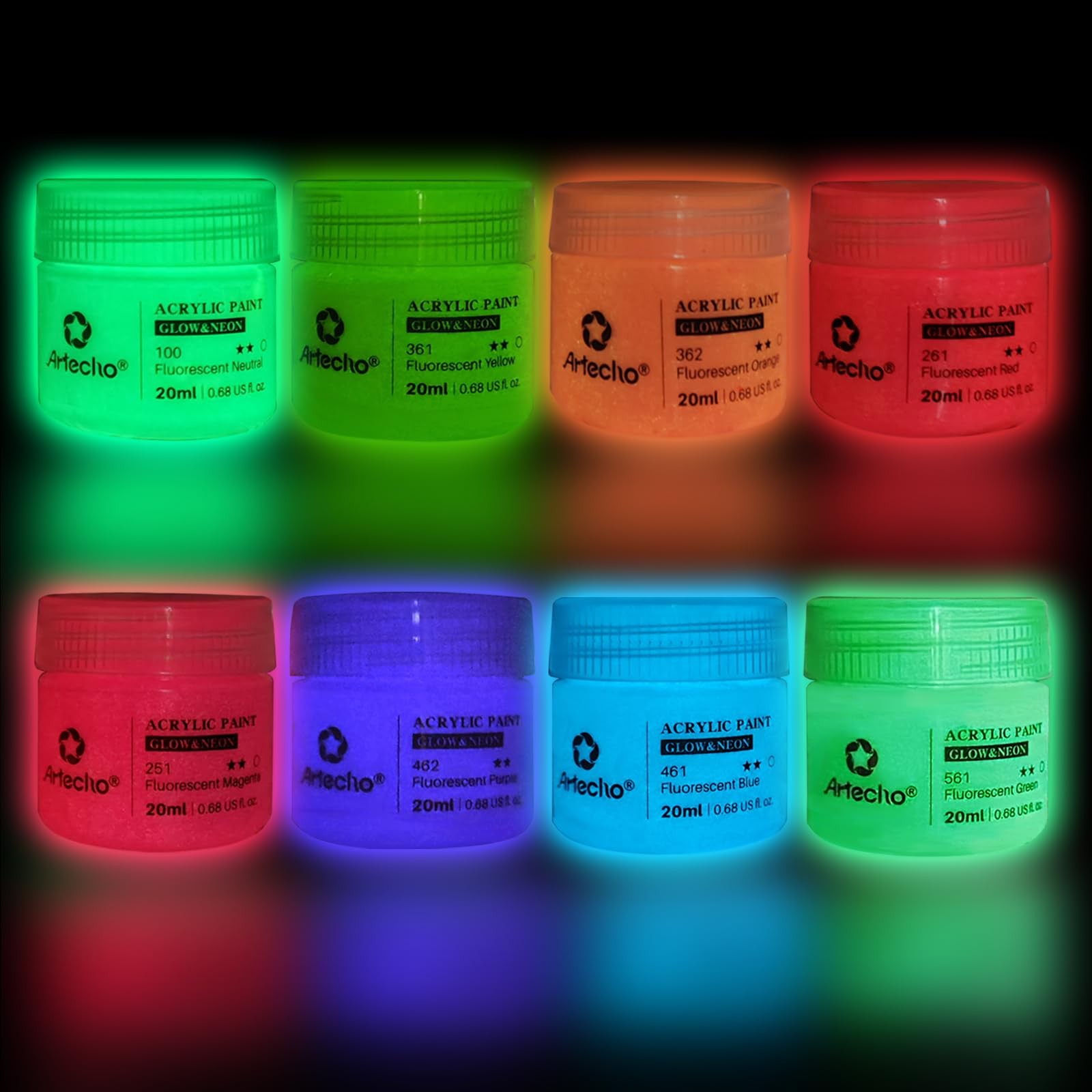 Artecho Glow in the Dark Paint 8 Colors x 20ml Acrylic for Art & Crafts