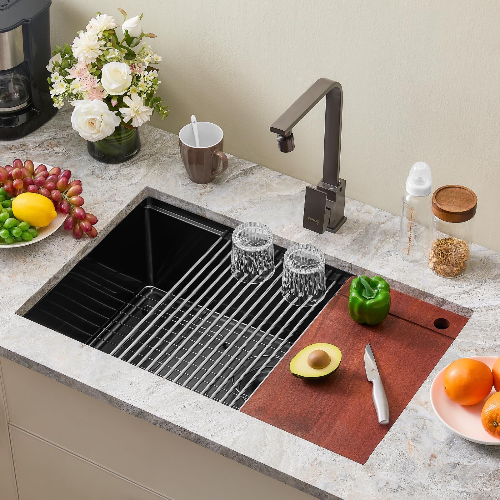 33 Inch Black Undermount Kitchen Sink Single Bowl Kitchen Stainless Steel Sin...