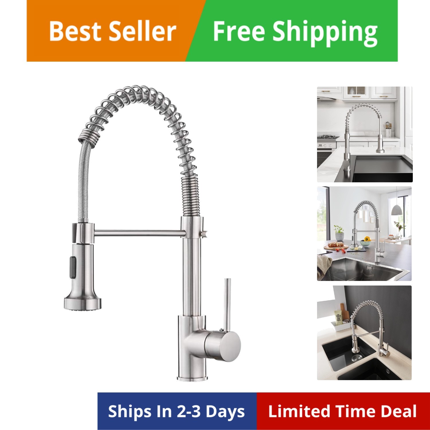 Kitchen Faucet with Pull Down Sprayer Industrial 1 Handle 1 Hole Or 3 Hole Fa...