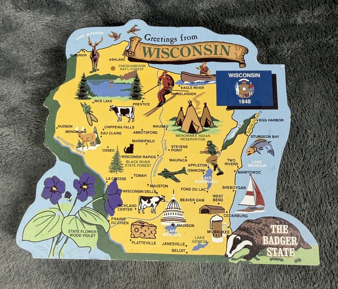 Cat's Meow Wisconsin State Map RA 694 The Badger State State Bird State Flower ￼