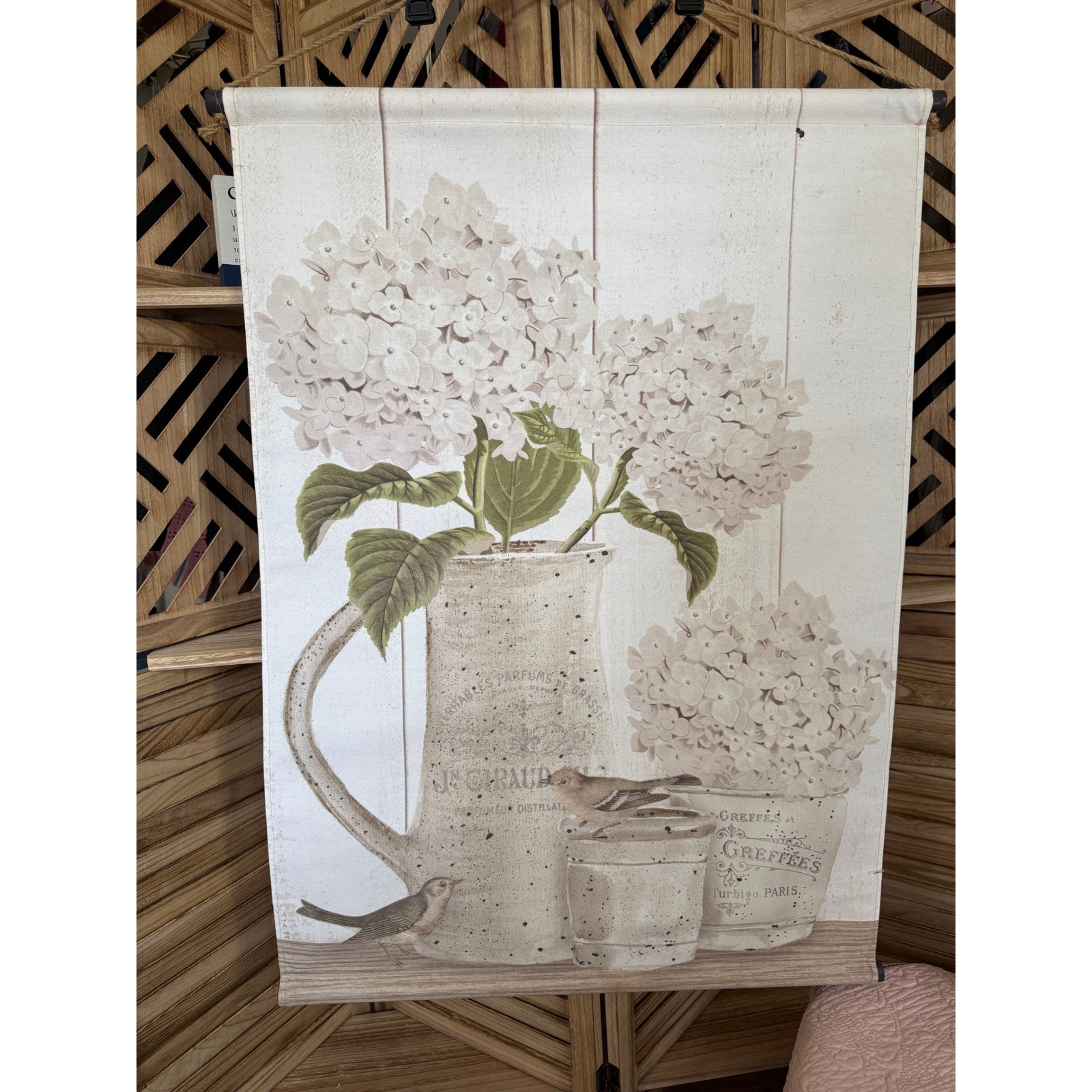 French Country Hydrangea Canvas Wall Hanging – Farmhouse Botanical Art Decor
