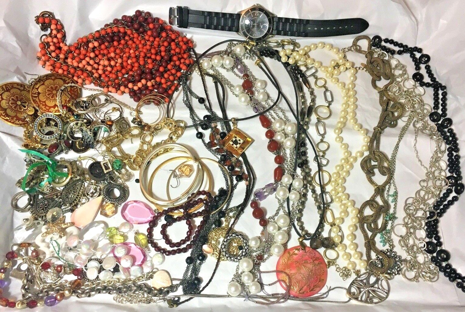 Costume Jewelry Lot  Necklaces Bracelets Earrings  Pieces Various Ages & Types