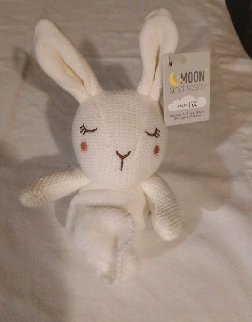 NWT Moon & Stars Sleeping Bunny Rabbit Plush Lovey Security Blanket  White New!