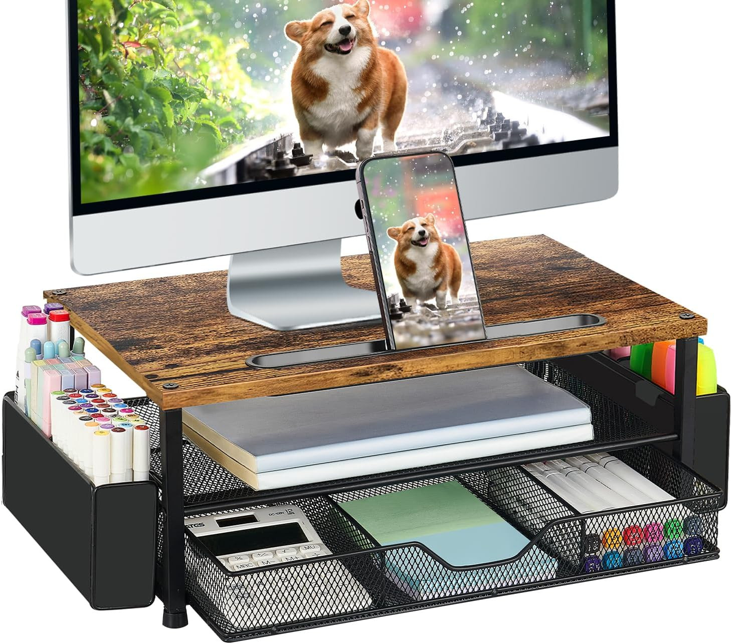 Wood Desk Organizers and Accessories, 2-Tier Computer Monitor Stand Riser with D