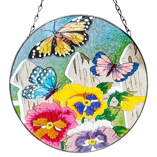Hand Painted Stained Glass Window Hanging, 12 Inch Butterfly Sun 12’’ Butterfly