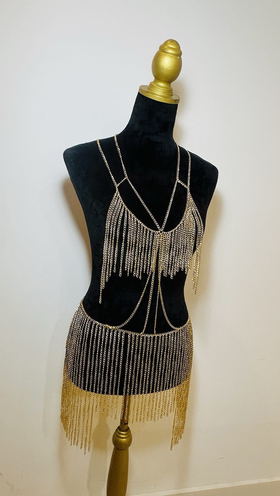 Women Gold Chain Body Jewelry Set - Fringe Bra Top & Skirt Belly Dance Clubwear