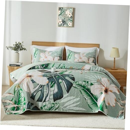  King Quilt Bedding Set,White King/Cal King(96"x110") Sage Green Botanical