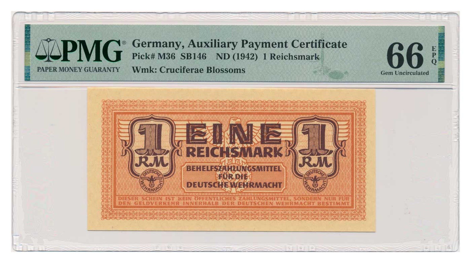 GERMANY banknote 1 Reichsmark 1942 PMG MS 66 EPQ Gem Uncirculated