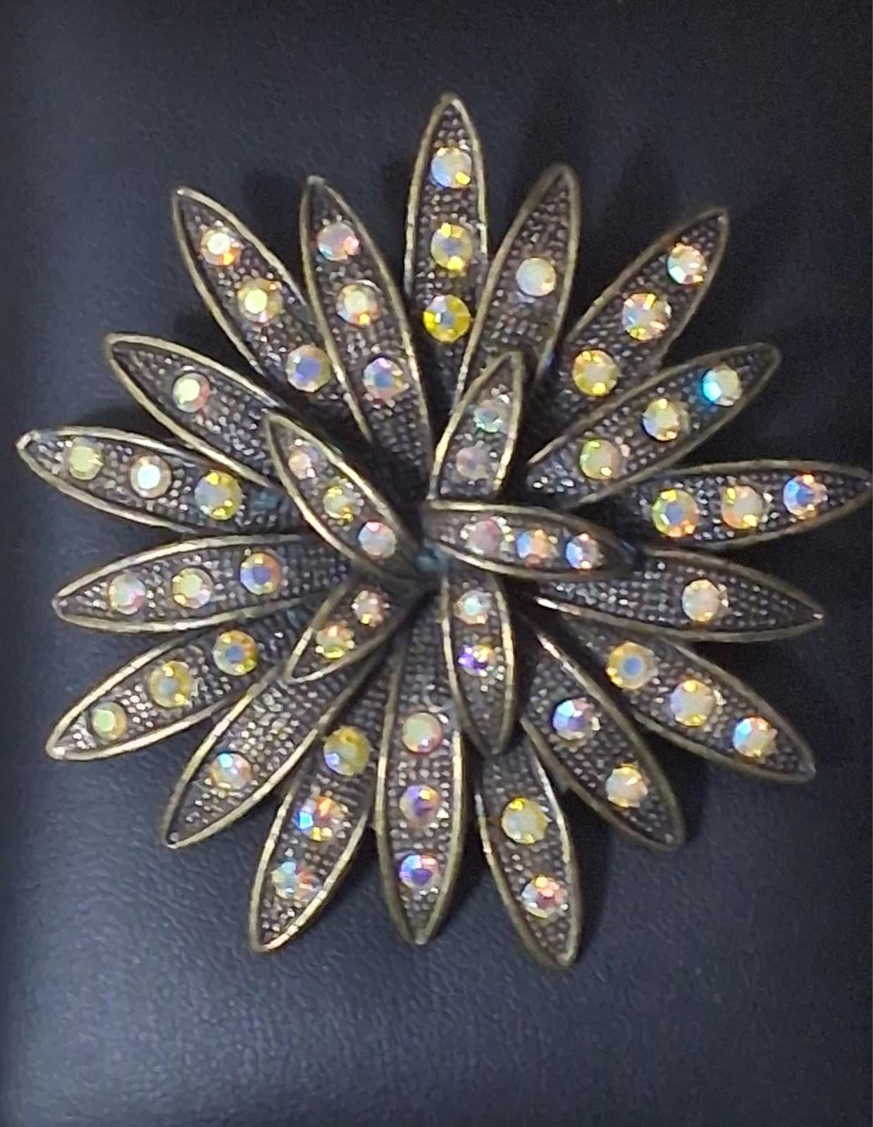 Vintage Bronze Tone Starburst Brooch Aurora Borealis Rhinestone Textured Pin