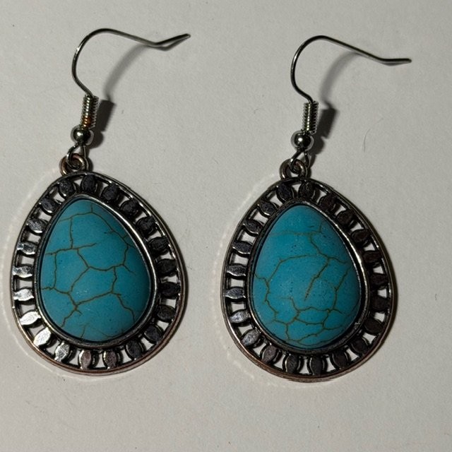 Teardrop Dangle Earrings Turquoise Stone Silver Tone Bohemian Kids