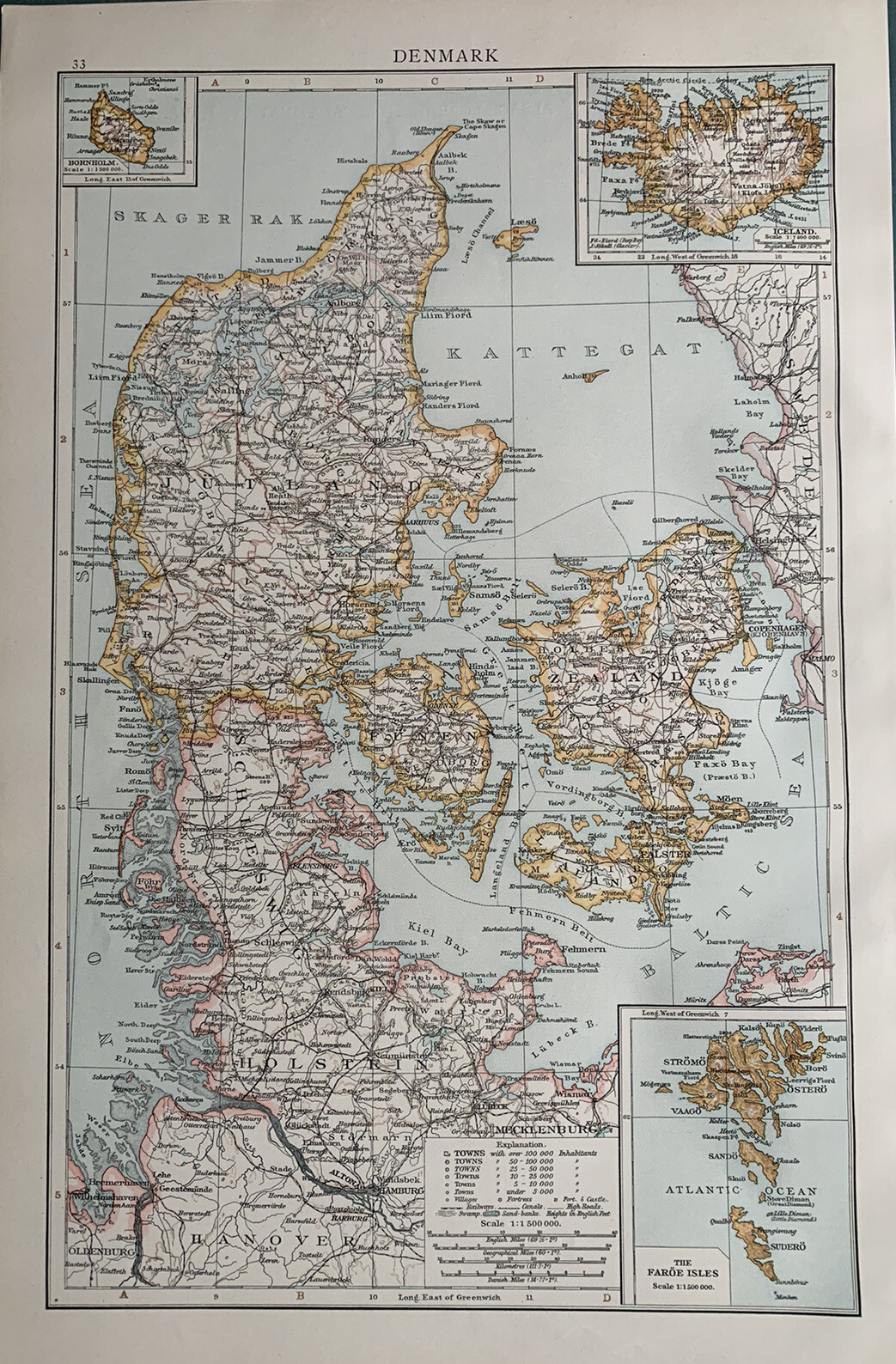 1896 Denmark Original Antique Map 125 Years Old
