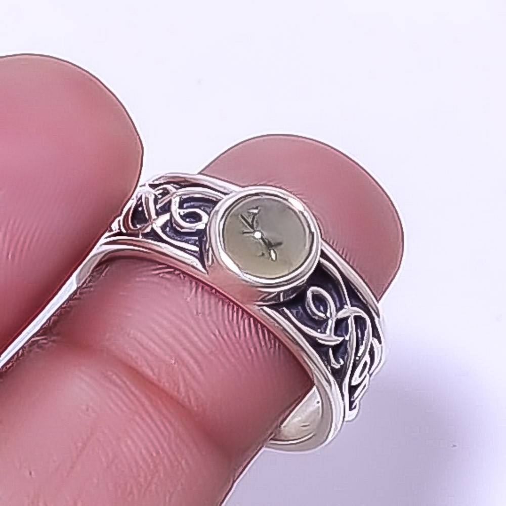 Natural Tourmalated Prehnite Gemstone 925 Sterling Silver Boho Ring s.8 R7651-34