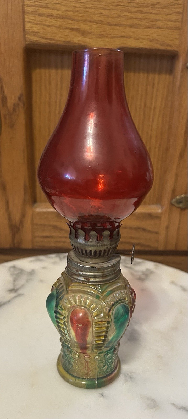 Vintage Small Multi-Colored Glass Oil Lamp W/ Red Ruffled Chimney 9" High