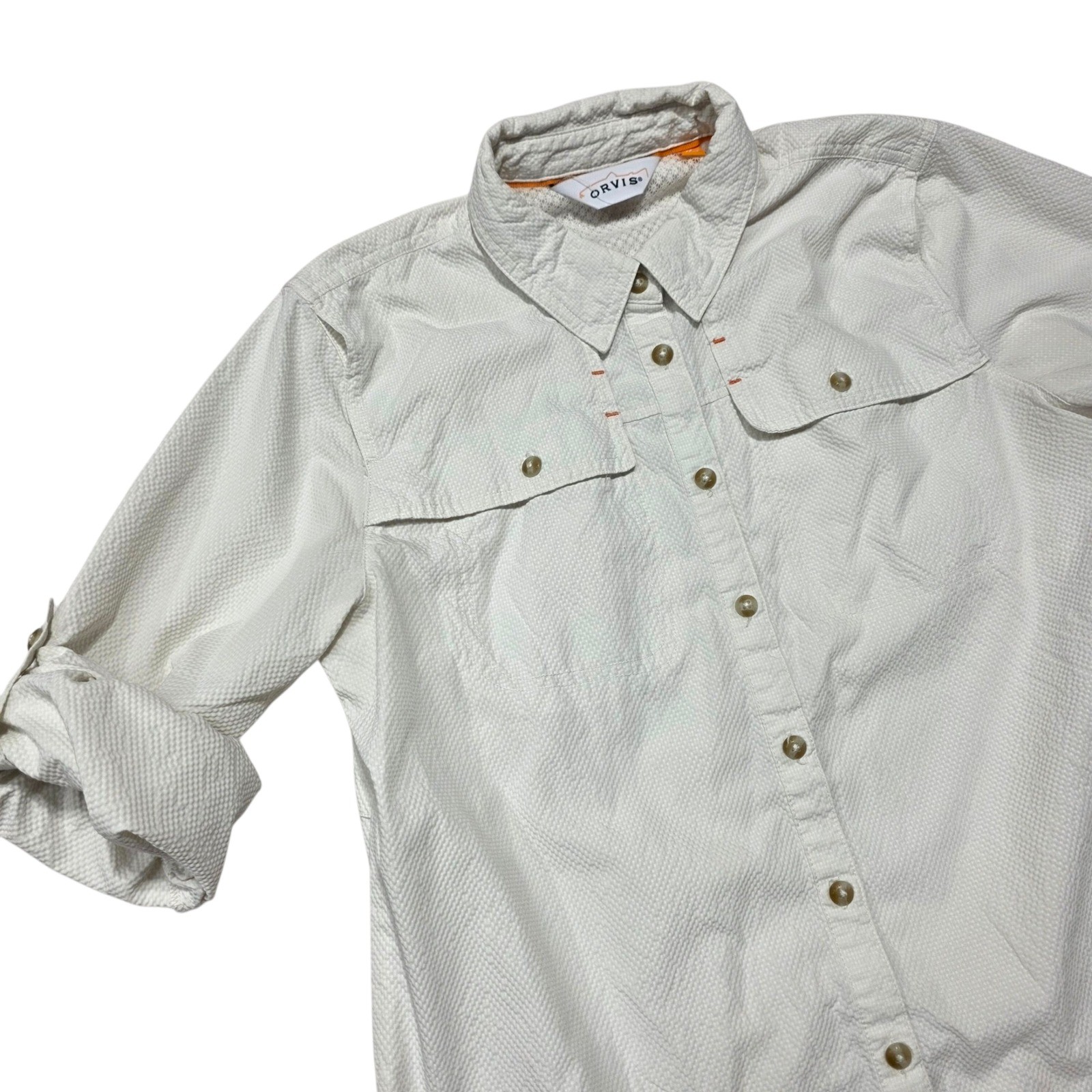 ORVIS Womens Long Sleeve Button Up Shirt Roll Tab Sleeves Textured Off White M
