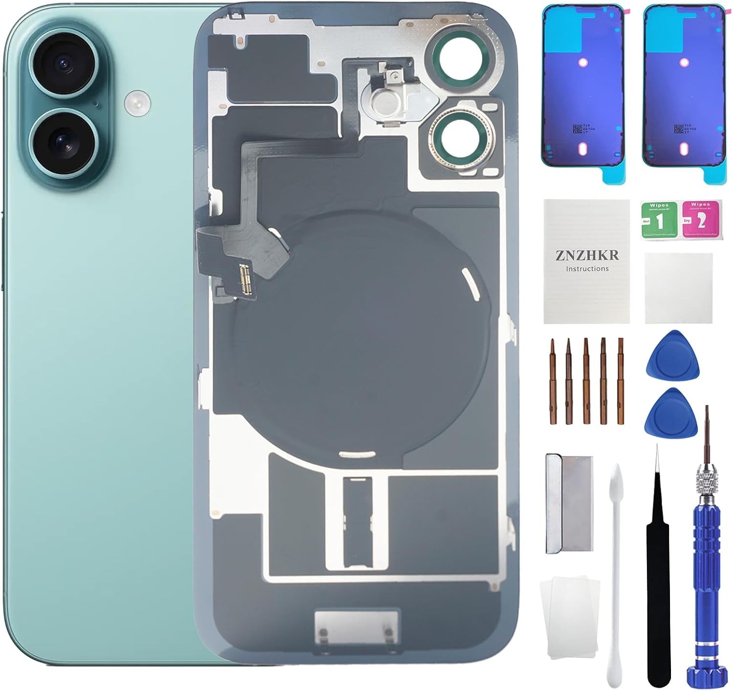 16 Back Glass Replacement with Wireless Charging Flex Cable and Camera Frame