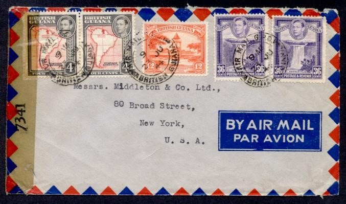 BRITISH GUIANA MULTI FRANKED KGVI CENSOR AIR