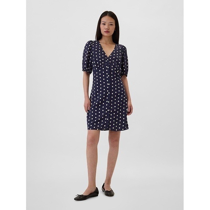 GAP Navy White Polka Dot Button Front Puff Sleeve Mini Dress Medium