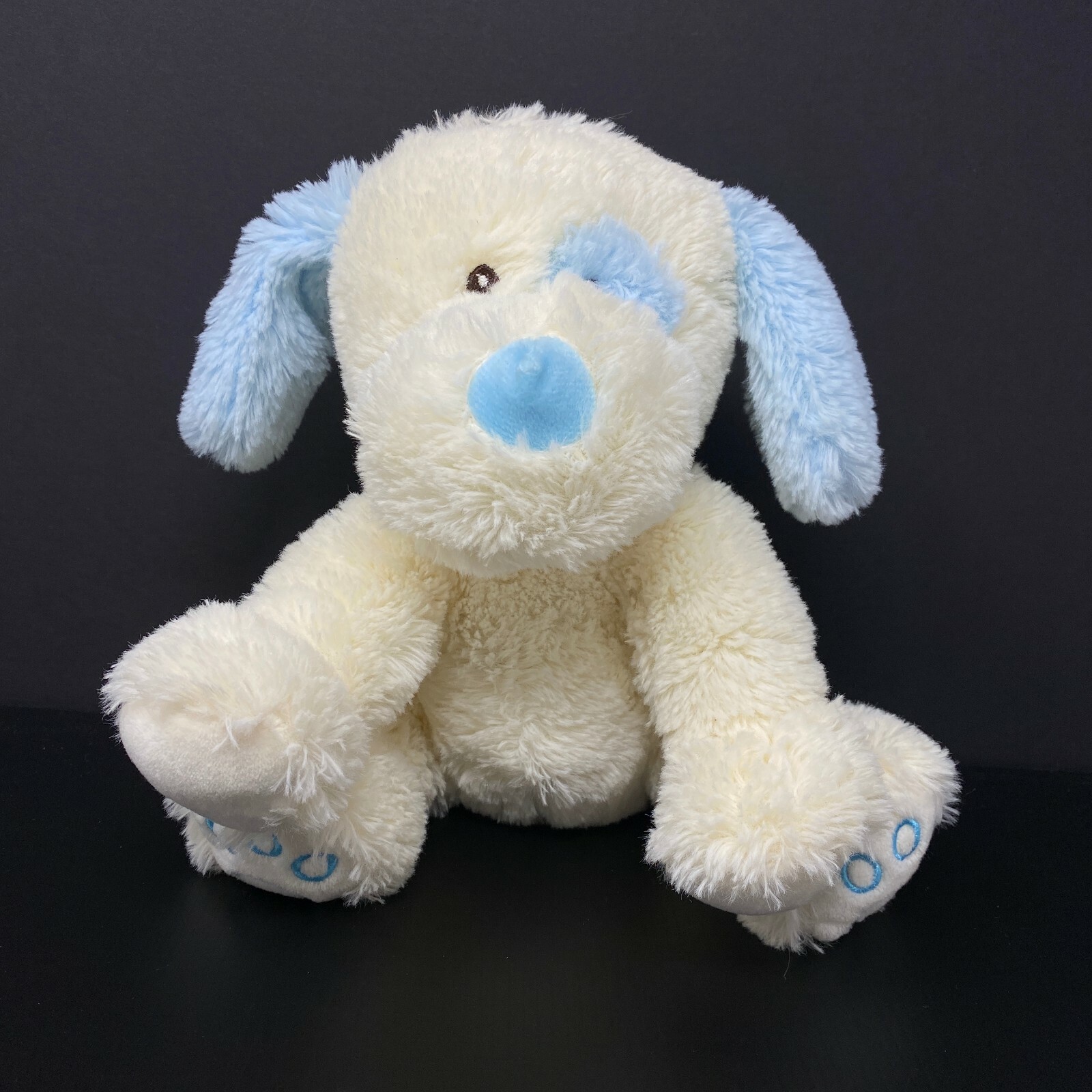 Okie Dokie Cream White Puppy Dog Plush Blue Ears 10" Stuffed Animal JC Penney