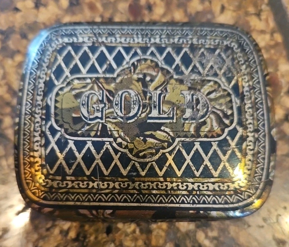 Dodo Designs Metal Tin Snuff Pill Box Small Gold Harlequin Pattern Vintage 1970s