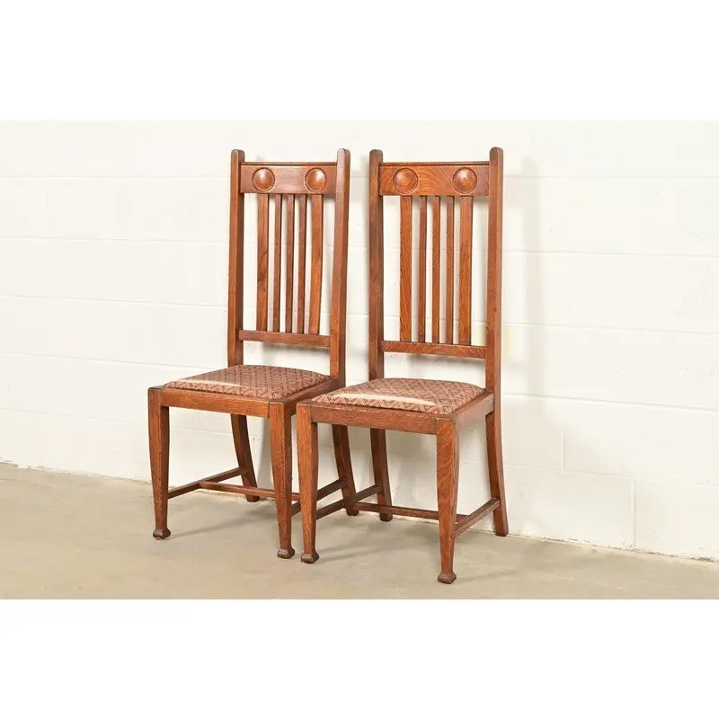 Stickley Brothers Style Antique English Arts & Crafts Oak Side Chairs, Pair