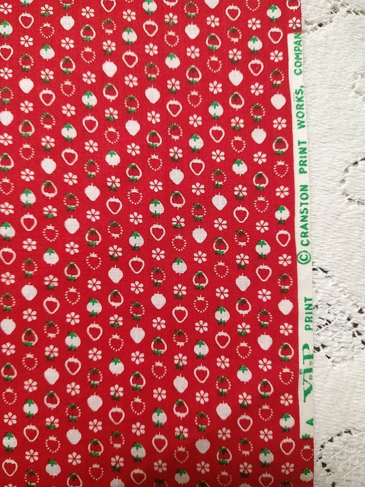 Vintage Cranston Tiny Floral Berries Ornaments Red Cotton Fabric BTFQ 18x22