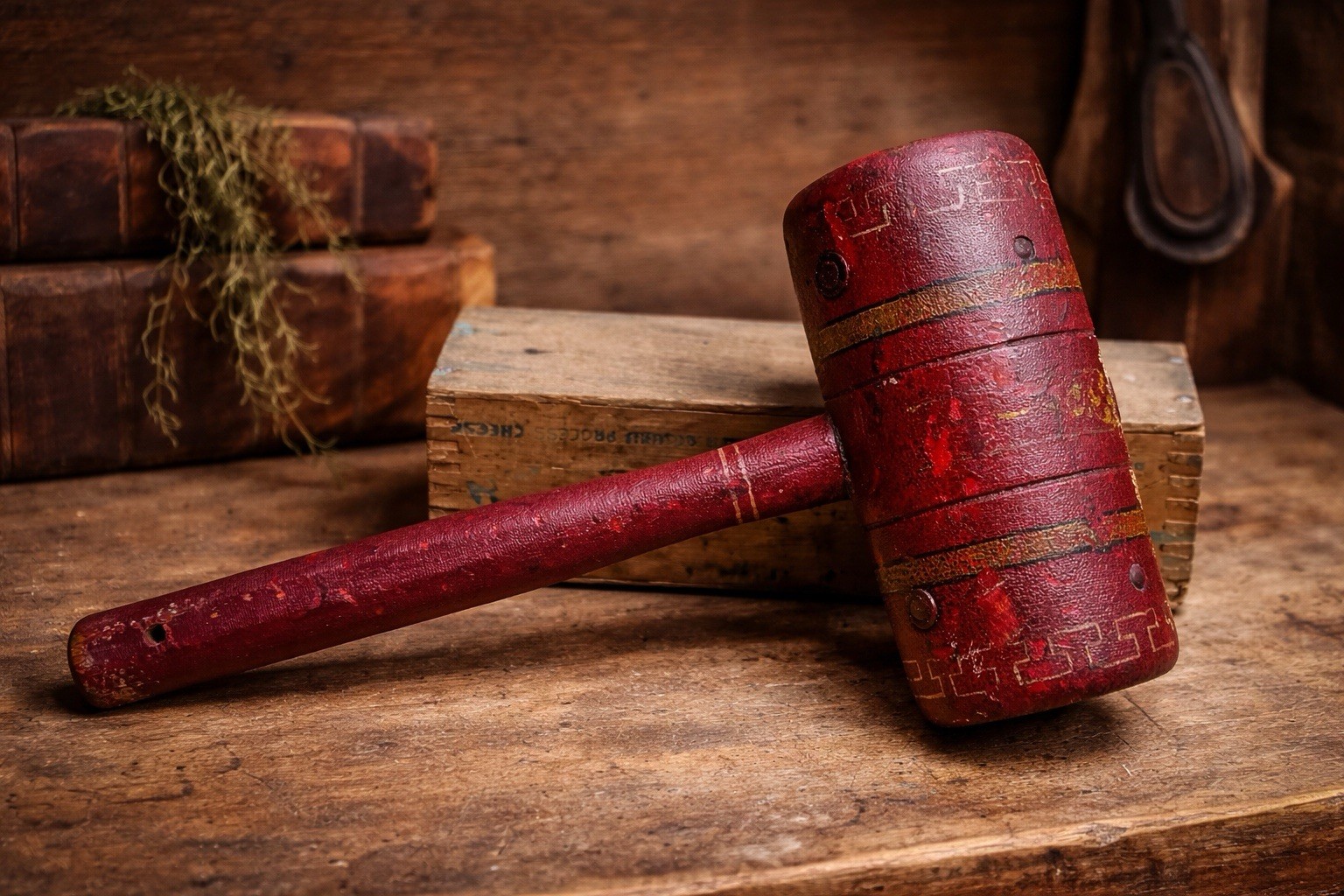 Antique Painted Wooden Lodge Ceremonial Mallet Gavel Folk Art Primitive Tool Red