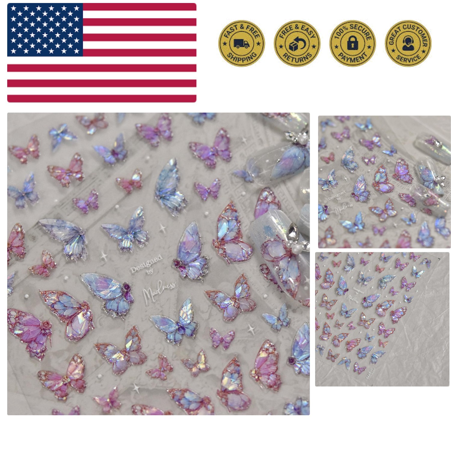 Butterfly Nail Art Stickers Decals Purple Pink Butterfly 5D Embossed Nail Dec...